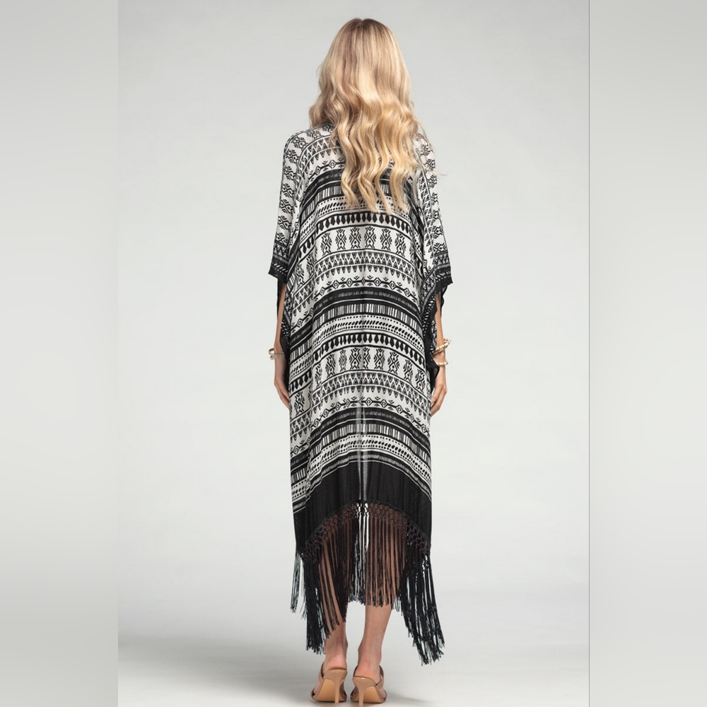 Sophisticated Ethnic Inspired Black & White Print Kimono w/ Black Tassels - Picture 7 of 7